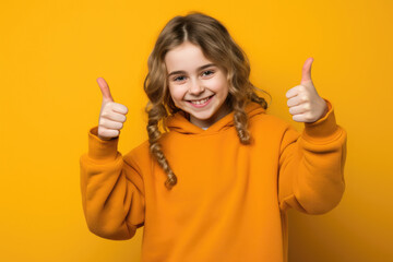 Cheerful young girl in an orange hoodie gives double thumbs-up against a vibrant yellow backdrop. Ideal for ads promoting positivity, kid's fashion, or youth-related activities and events.