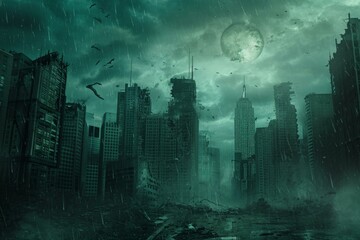 Ominous Apocalypse city dark. Street war smoke. Generate Ai