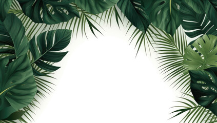 Fototapeta na wymiar A fresh and vibrant crescent of tropical greenery, featuring monstera and palm leaves, creating an inviting natural frame on a white background.