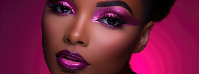 Woman with vibrant purple eyeshadow and lipstick, flawless makeup on a pink background.