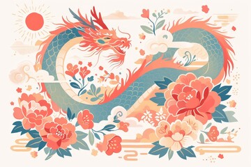 A Chinese dragon made of papercut art in a simple flat illustration style with a red and pink color scheme, surrounded by flowers and clouds.