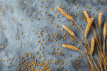 Golden wheat ears and scattered grains on a textured grey background 