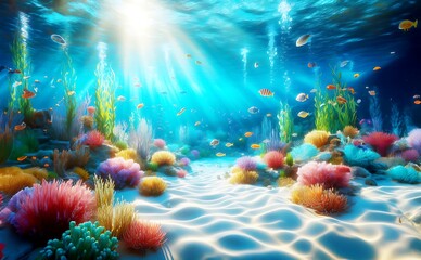 Underwater Scenery with Fish 3D Wallpaper, A mermaid is sitting on a rock in the ocean, looking at a sunken ship in the distance. There are many colorful fish and coral reefs around her. - obrazy, fototapety, plakaty