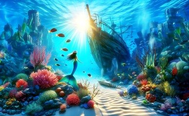 Underwater Scenery with Fish 3D Wallpaper, A mermaid is sitting on a rock in the ocean, looking at a sunken ship in the distance. There are many colorful fish and coral reefs around her. - obrazy, fototapety, plakaty