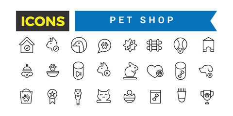 Pet Shop Icon Set, Set Of Cat And Dog, Cat Litter Box, Leash Collar, Canned Food, Pet Carrier, Vet, Animal Vaccination Certificate, Birdhouse Vector Icons, Vector Illustration