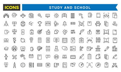 Study And School Line Icons Collection, Big Ui Icon Set In A Flat Design, Thin Outline Icons Pack, Vector Illustration