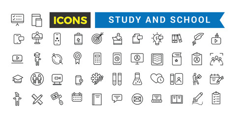 Fototapeta na wymiar Study And School Line Icons Collection, Big Ui Icon Set In A Flat Design, Thin Outline Icons Pack, Vector Illustration