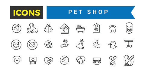 Pet Shop Icon Set, Set Of Cat And Dog, Cat Litter Box, Leash Collar, Canned Food, Pet Carrier, Vet, Animal Vaccination Certificate, Birdhouse Vector Icons, Vector Illustration
