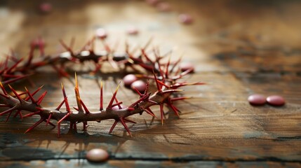 A crown of thorns resting on a rustic wooden surface with small, circular objects scattered nearby, evoking intense themes of sacrifice and reflection during a meaningful moment