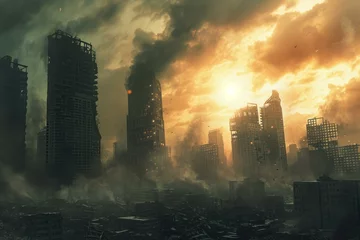 Wandaufkleber Ravaged Apocalyptic city. Ruin war disaster. Generate Ai © anatolir