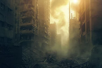 Fotobehang Apocalyptic city. Ruin war disaster. Generate Ai © anatolir