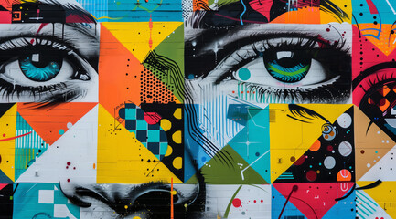 Street art mural graffiti depicting the face of an attractive woman with large eyes, surrounded by geometric patterns and vibrant colors.