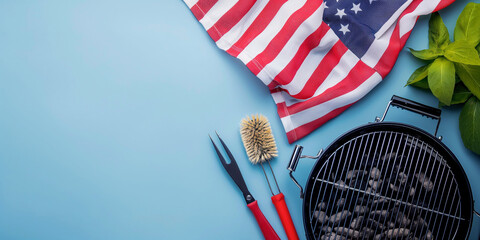 Photo of American flag with grilling tongs and grill - obrazy, fototapety, plakaty