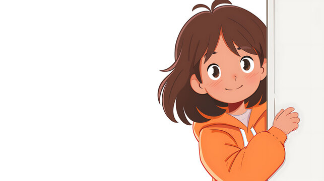 a girl in an orange jacket with a white background.
