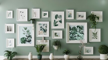 Curated Gallery Wall Adorned with Elegant Picture Frames Elevating Aesthetic Appeal of Any Interior Space - obrazy, fototapety, plakaty