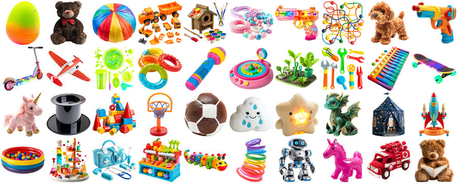 big collection of different toys for children kid, school playroom decor, magnet toy, doll, teddy bear, board game, photo collage set, isolated transparent background AIG44