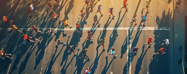 Runners running marathon on the road, top view.