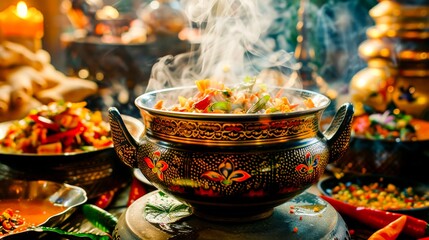 A steaming bowl of Tom Yum Goong, with its vivid colors and aromatic steam rising, set against a backdrop of traditional Thai decor.