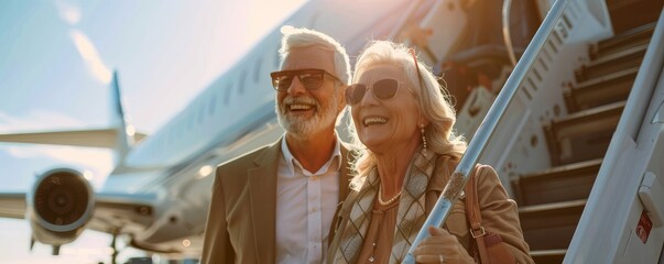 Smiling elderly couple of travelers getting off the plane.