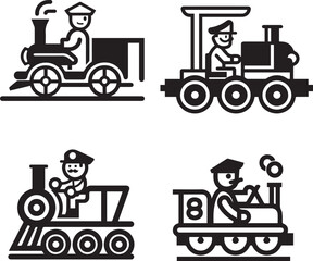 A collection of icons showcasing different styles of trains and their operators in black and white, representing various types of locomotives and roles in a minimalist design.
