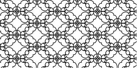 Seamless black and white arabesque pattern with interlocking rings and floral motifs for artistic and cultural design concepts