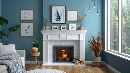 Cozy D Rendering of a White Fireplace Mantel Adorned with Picture Frames Creating a Charming Focal Point for Gatherings and Conversations - obrazy, fototapety, plakaty