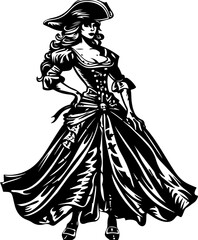 This striking black and white illustration showcases a confident pirate lady, ideal for historical fiction and thematic costume content