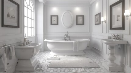 Serene and Elegant White Bathroom with Decorative Picture Frames Enhancing the Sophisticated Atmosphere
