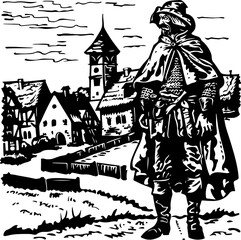 Medieval Watchman Overlooking Village