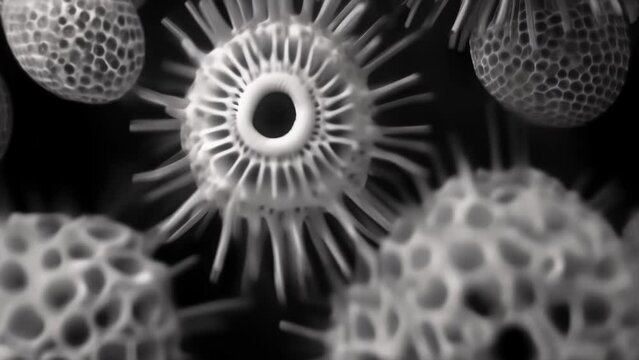 A scanning electron microscope image of several pollen grains highlighting their symmetrical and geometric patterns. Despite their . AI generation.