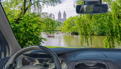 Car windshield view of Central Park, Manhattan, New York, USA