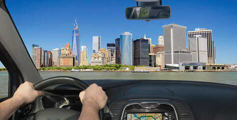Driving a car towards Manhattan, New York City, USA