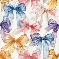 Light watercolor organza bows, seamless, translucent and delicates. Seamless Pattern, Fabric Pattern, Tumbler Wrap, Mug Wrap.