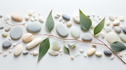 tranquil arrangement of stones and leaves on a white surface