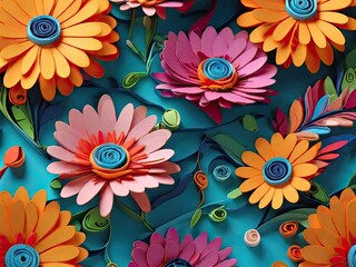 Fototapeta na wymiar Daisies pattern 3D quilling art Botanical card