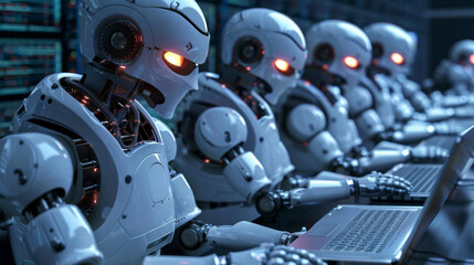Fototapeta premium A detailed image showing a group of humanoid robots engaged in programming activities at modern digital workstations, symbolizing advanced artificial intelligence development.