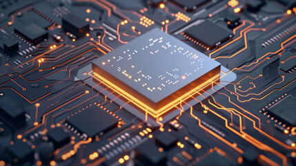 This image depicts an advanced self-healing computer chip illuminated on a detailed circuit board, symbolizing the future of integrated technology and electronic engineering.