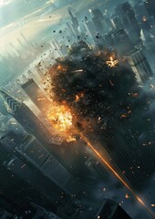 Meteorites fall on the skyscrapers of a big city and destroy everything.