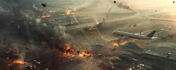 Meteorites fly onto the airport runway, smashing everything.