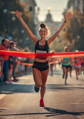 A young athletic woman runs across the finish line.