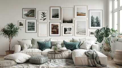 Elegant Scandinavian Inspired Living Room with Inviting Gallery Wall Display