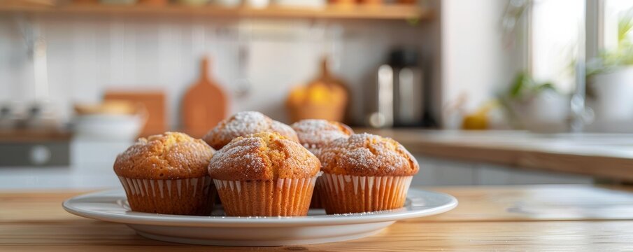 Tasty fresh muffins on a white plate in the kitchen on the table.