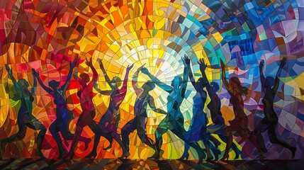 Illustrate the euphoric scenes post-peace agreement signing, portraying diverse groups coming together in celebration Use vibrant colors and dynamic compositions to evoke a sense of unity and hope