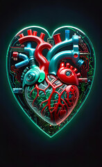A heart with a dual theme: one half is the traditional soft red color, and the other is a green and blue outline labyrinth. The concept of the health of the heart and internal organs of a person, trea
