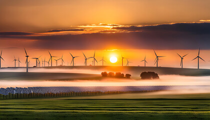 sunny field with solar panels, Wind turbines for generating electricity are visible on the horizon, concept of environmentally friendly renewable electricity