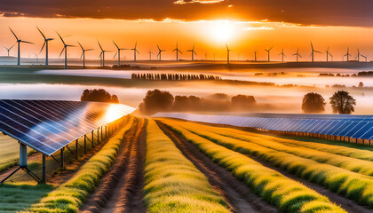 sunny field with solar panels, Wind turbines for generating electricity are visible on the horizon, concept of environmentally friendly renewable electricity