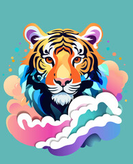 Tiger in the clouds in the blue background