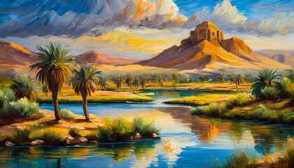 Oil painting of beautiful oasis landscape. Sky with clouds. Natural scenery. Hand drawn art.