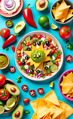 Fresh mexican food with nachos, ingredients for cooking mexican dishes with empty copy space,