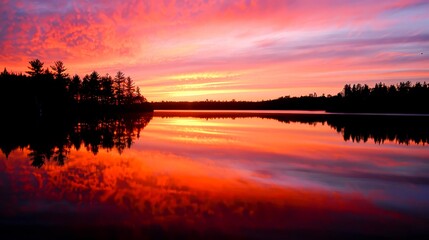 A sunset that paints the sky in a spectrum of fiery tones, reflecting on a calm lake, promising a new day of endless possibilities.